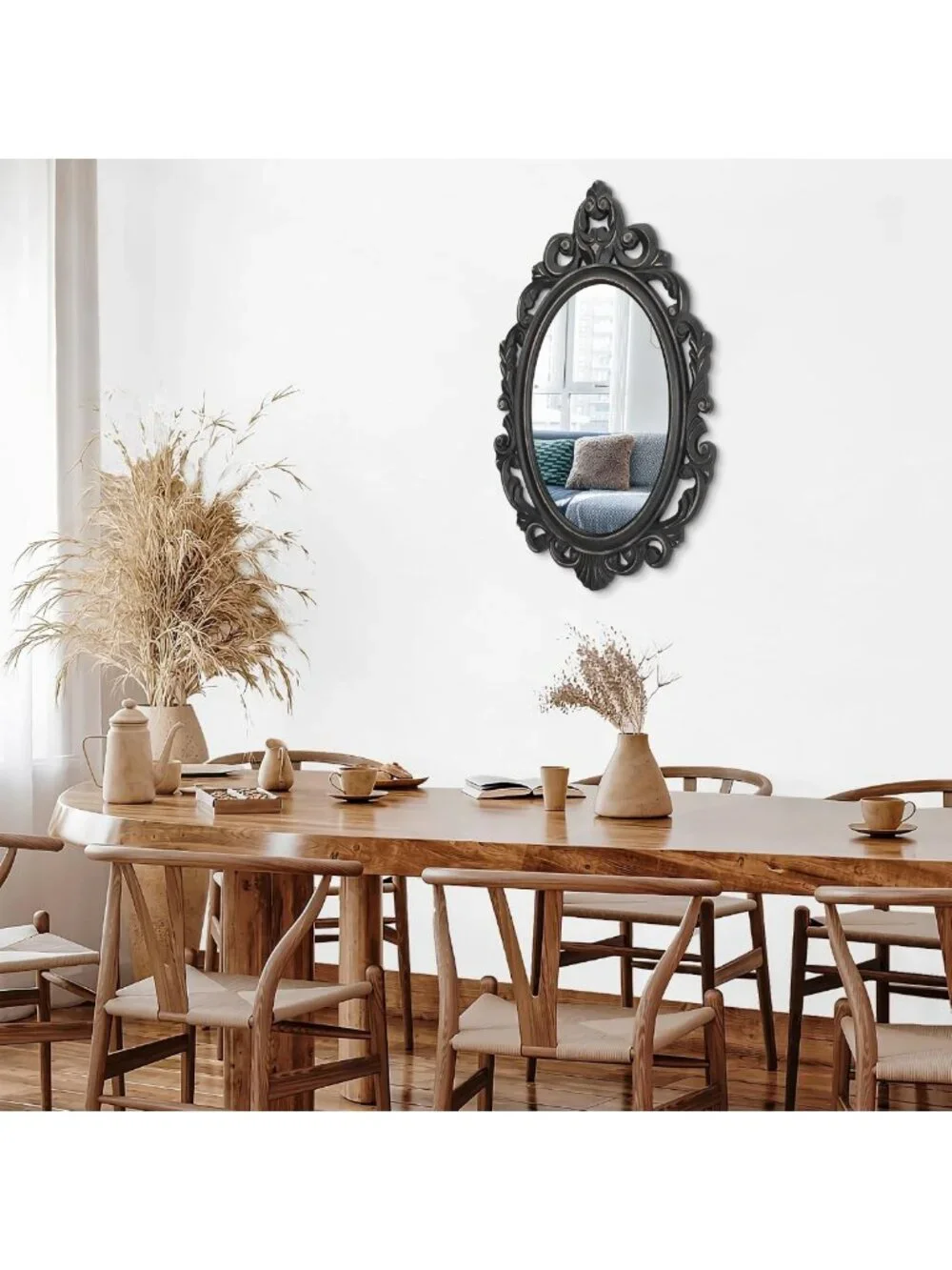 Vintage Black Oval Wooden Frame Wall Mirror - Baroque Style Decorative Antique